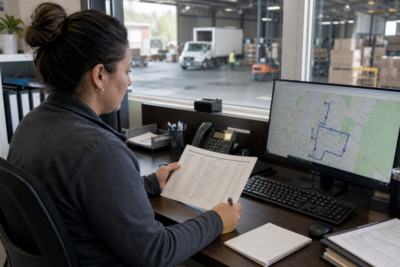 Dispatcher planning a multi-stop delivery route on a schedule board