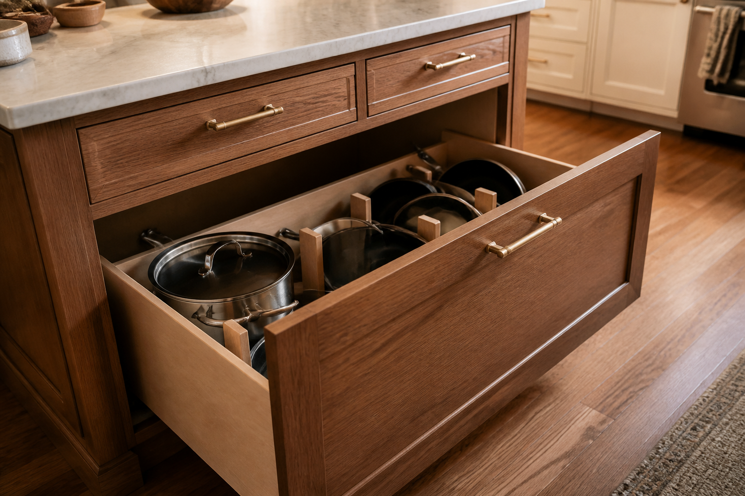 Open kitchen island drawer showing organized pot and pan storage