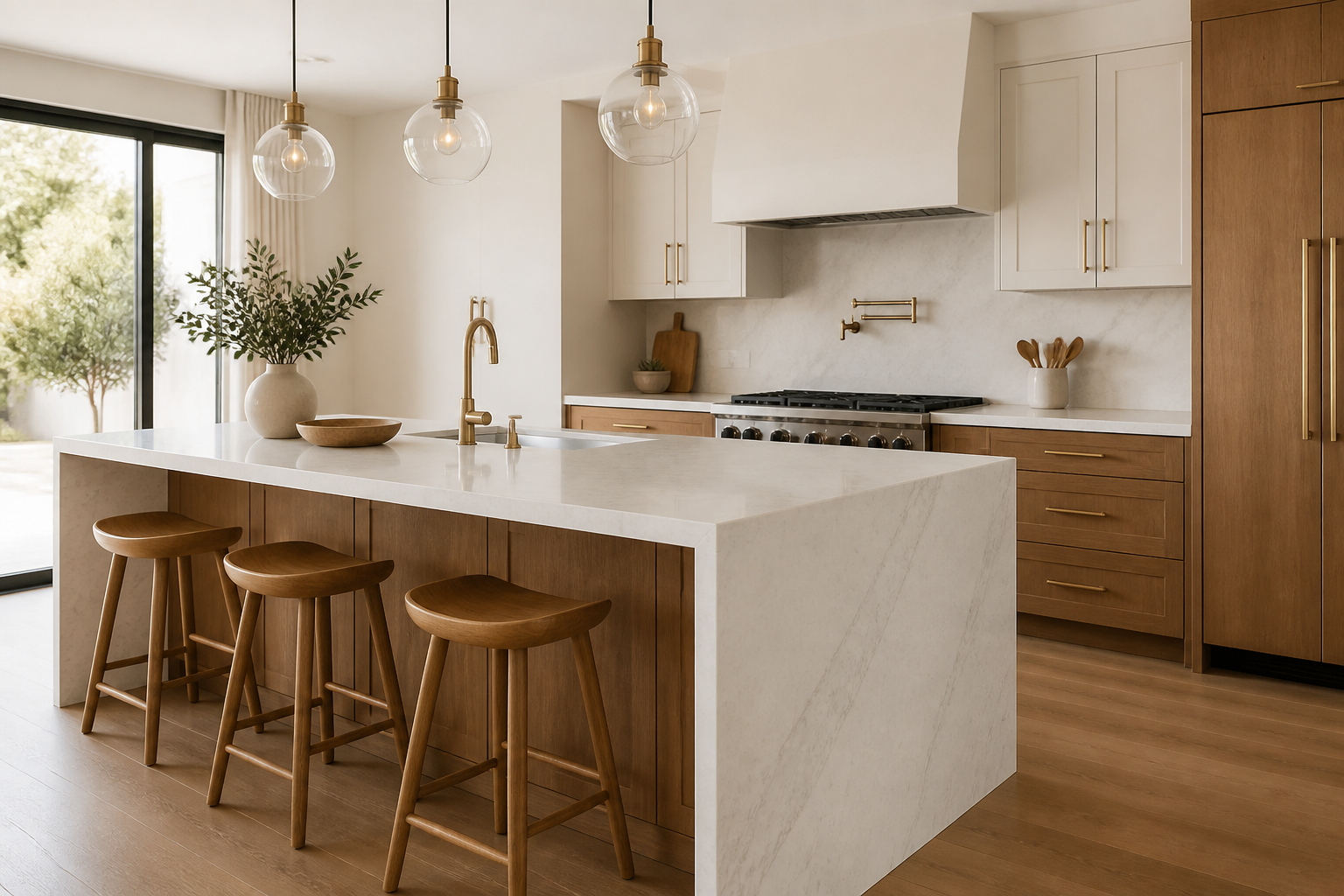 Modern kitchen island with waterfall countertop and bar seating