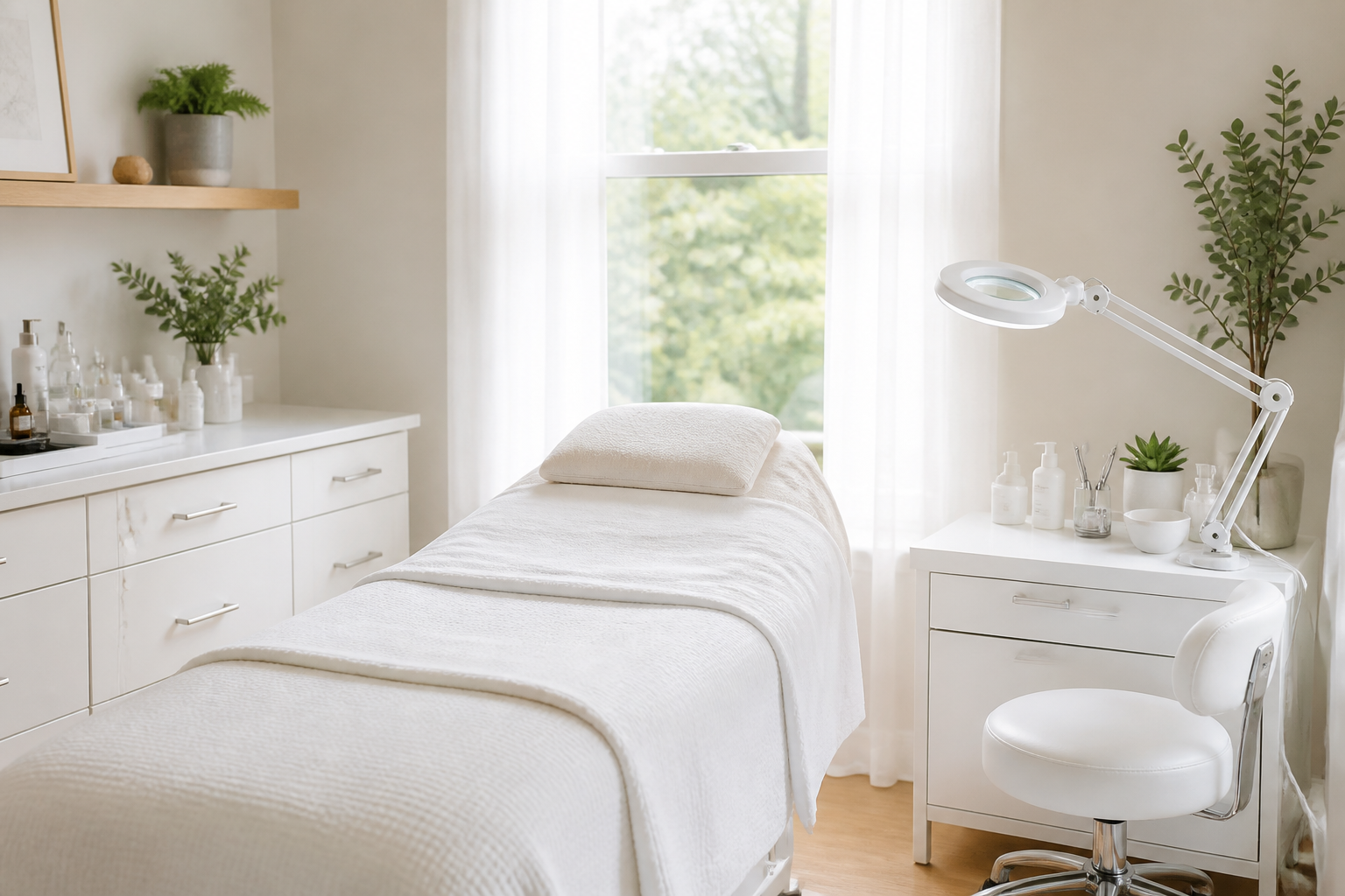 Clean, modern skincare treatment room used for skin analysis consultations