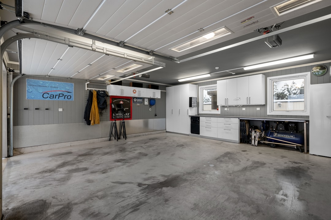 Custom built-in garage cabinets lining a wall