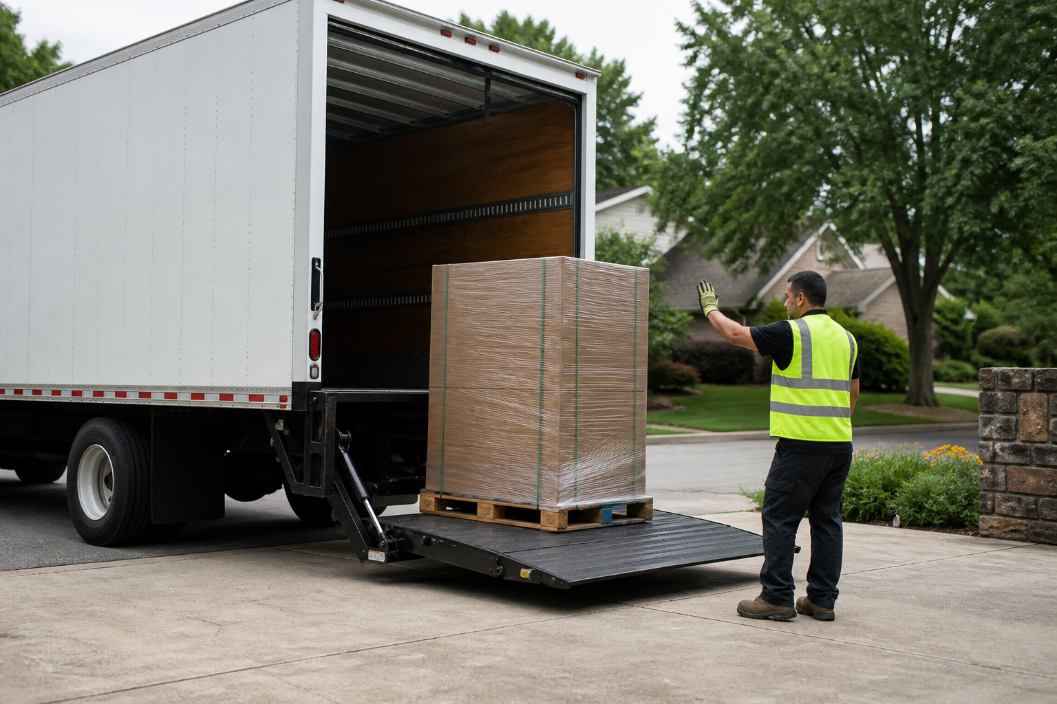 Delivery truck liftgate lowering a pallet at a residential address