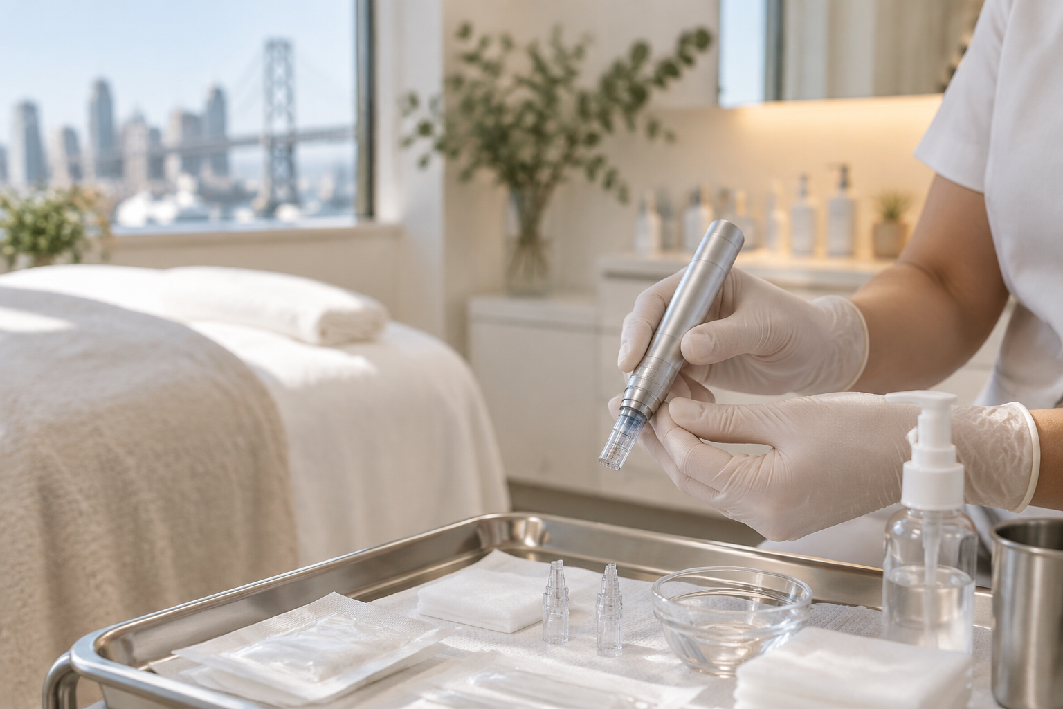 Esthetician's gloved hands holding a microneedling pen beside sterile supplies in a bright treatment room