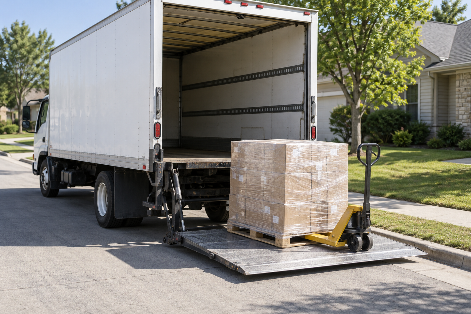 Box truck with liftgate platform lowered to the curb carrying a wrapped pallet