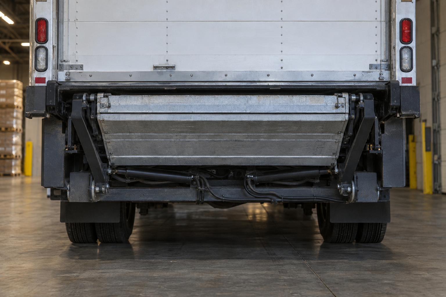 Tuck-under style liftgate platform stowed beneath a box truck body