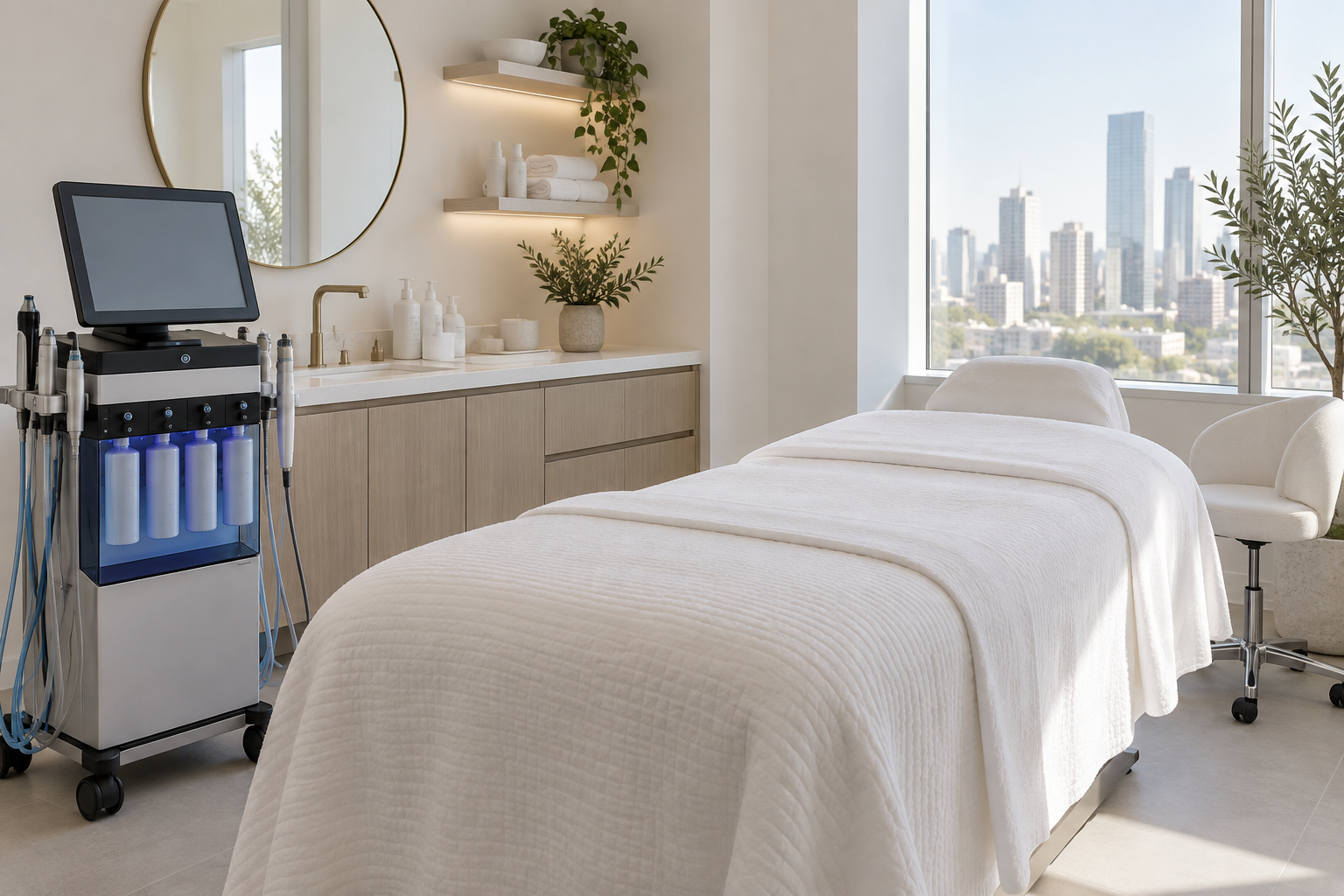 Treatment room with a facial bed and skincare device in soft window light