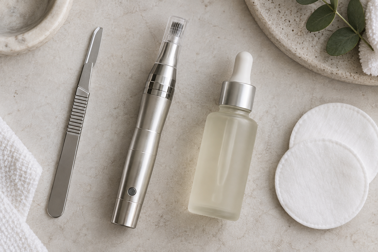 Skincare tools including a microneedling pen and peel solution on a stone surface