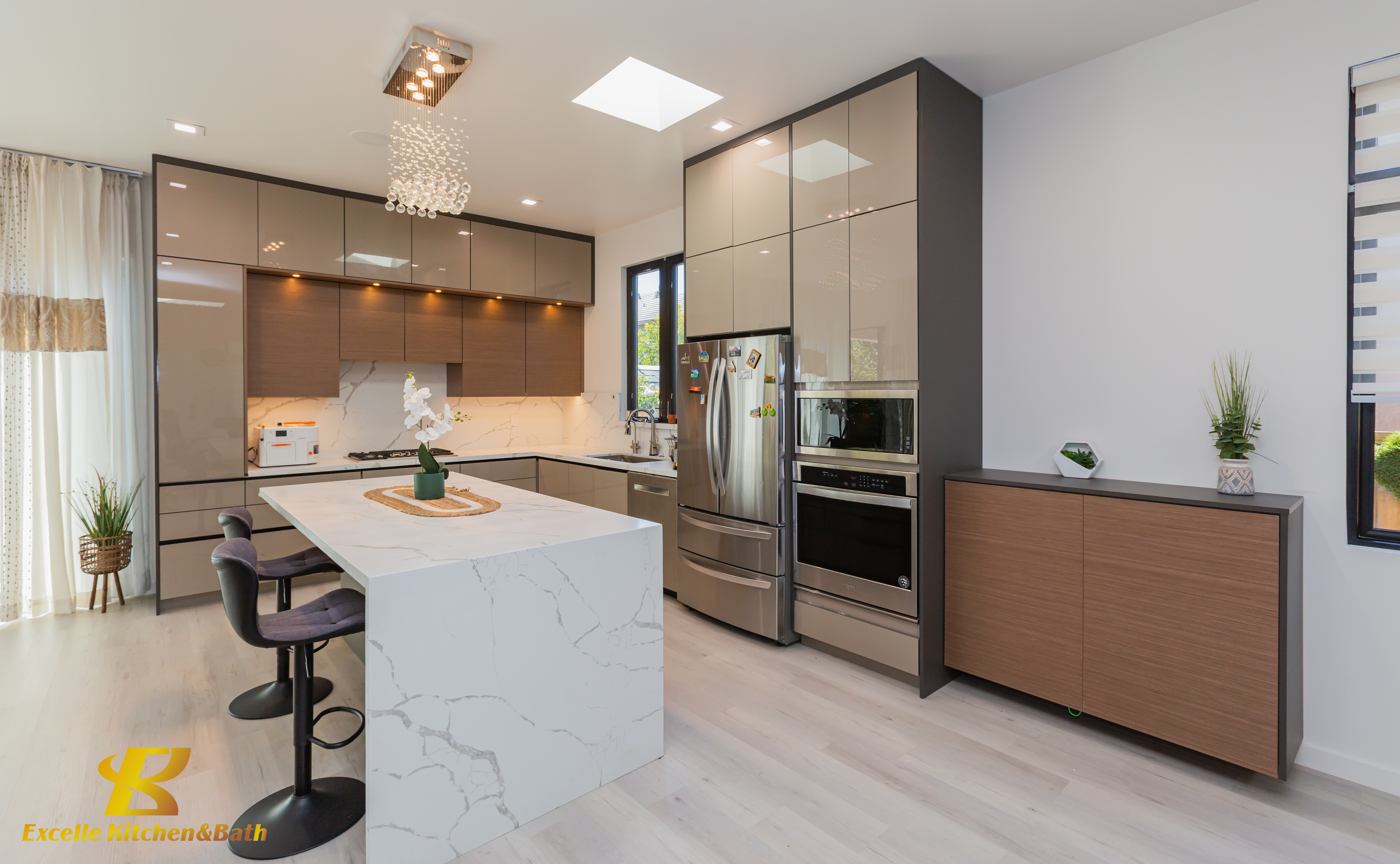 Kitchen design rendering showing full-access cabinet runs planned around an island